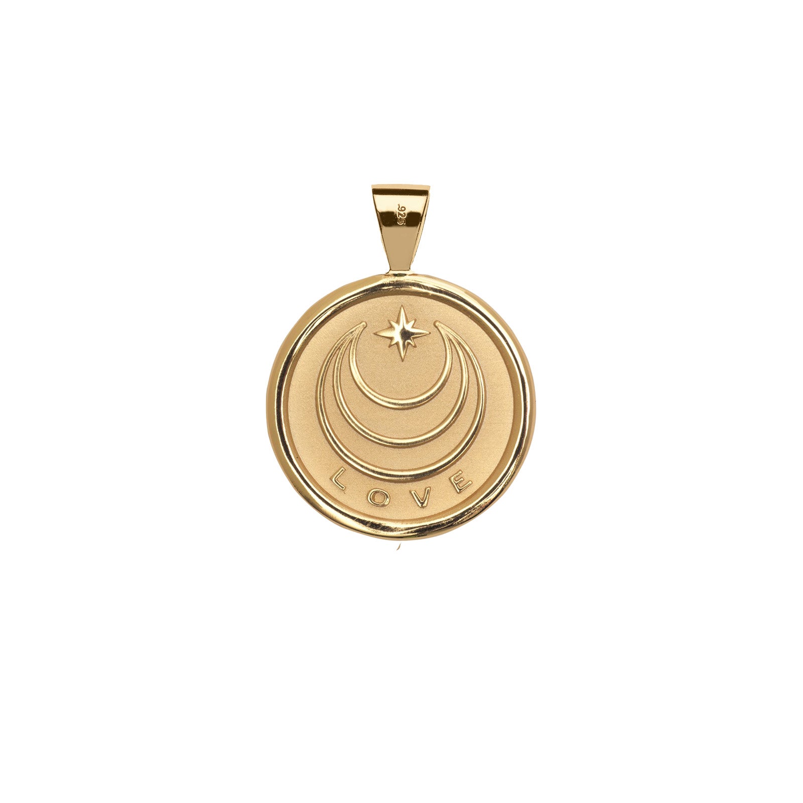 Gold pendant with 'LOVE' engraving on a white background