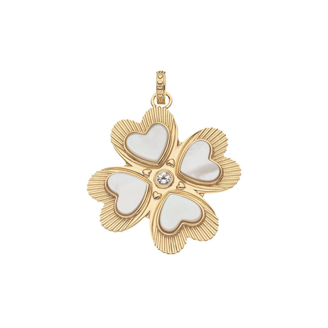Gold pendant with heart designs on a white background