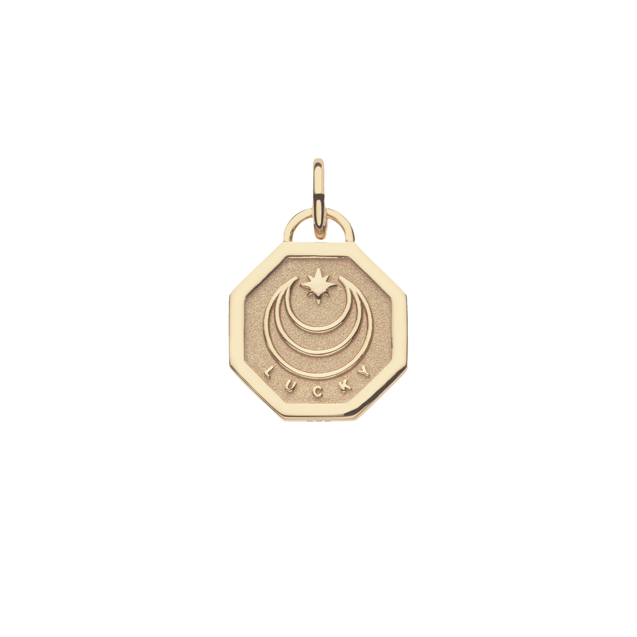 Gold pendant with 'lucky' engraving on a white background