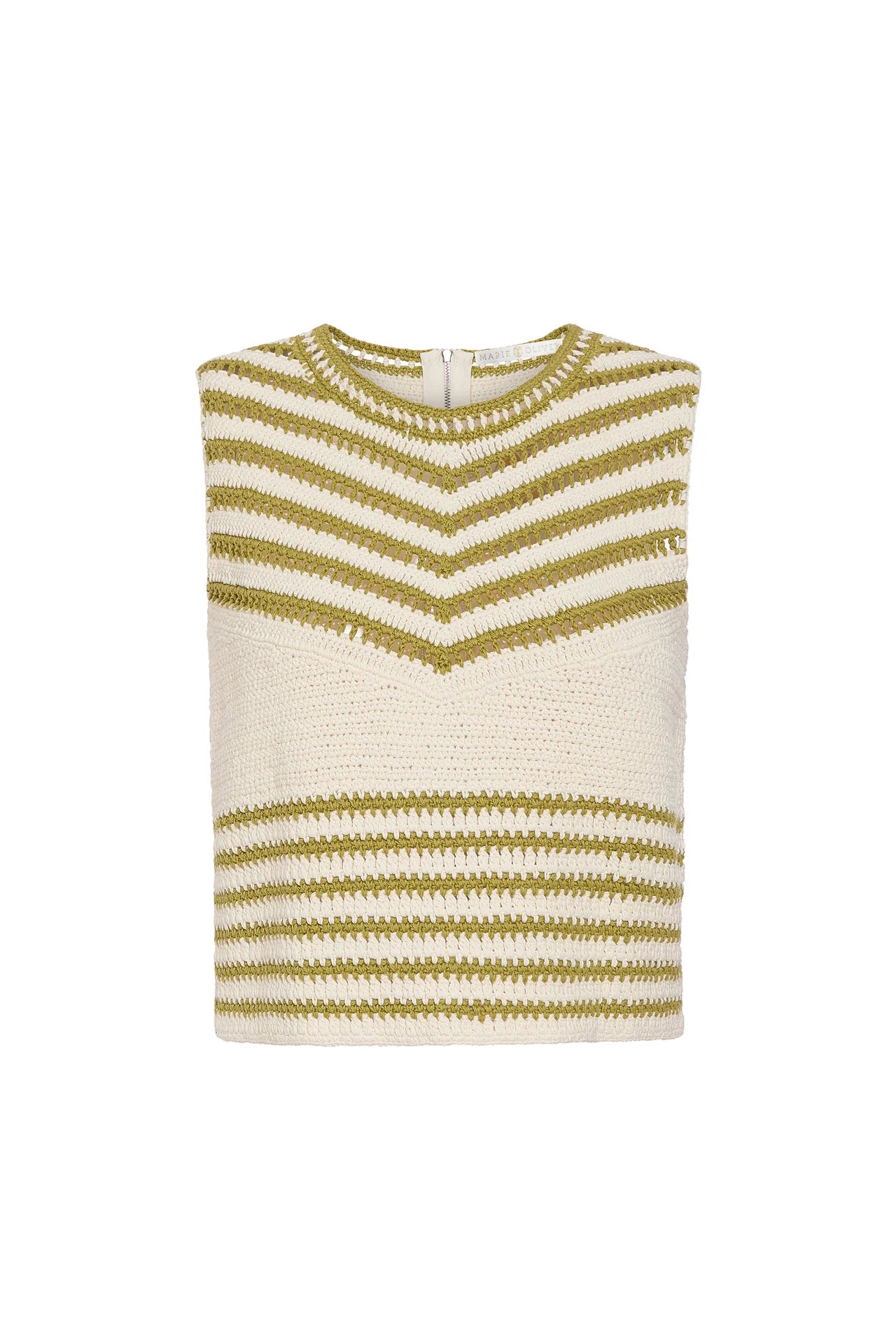 Knitted sweater with green and white chevron pattern on a white background