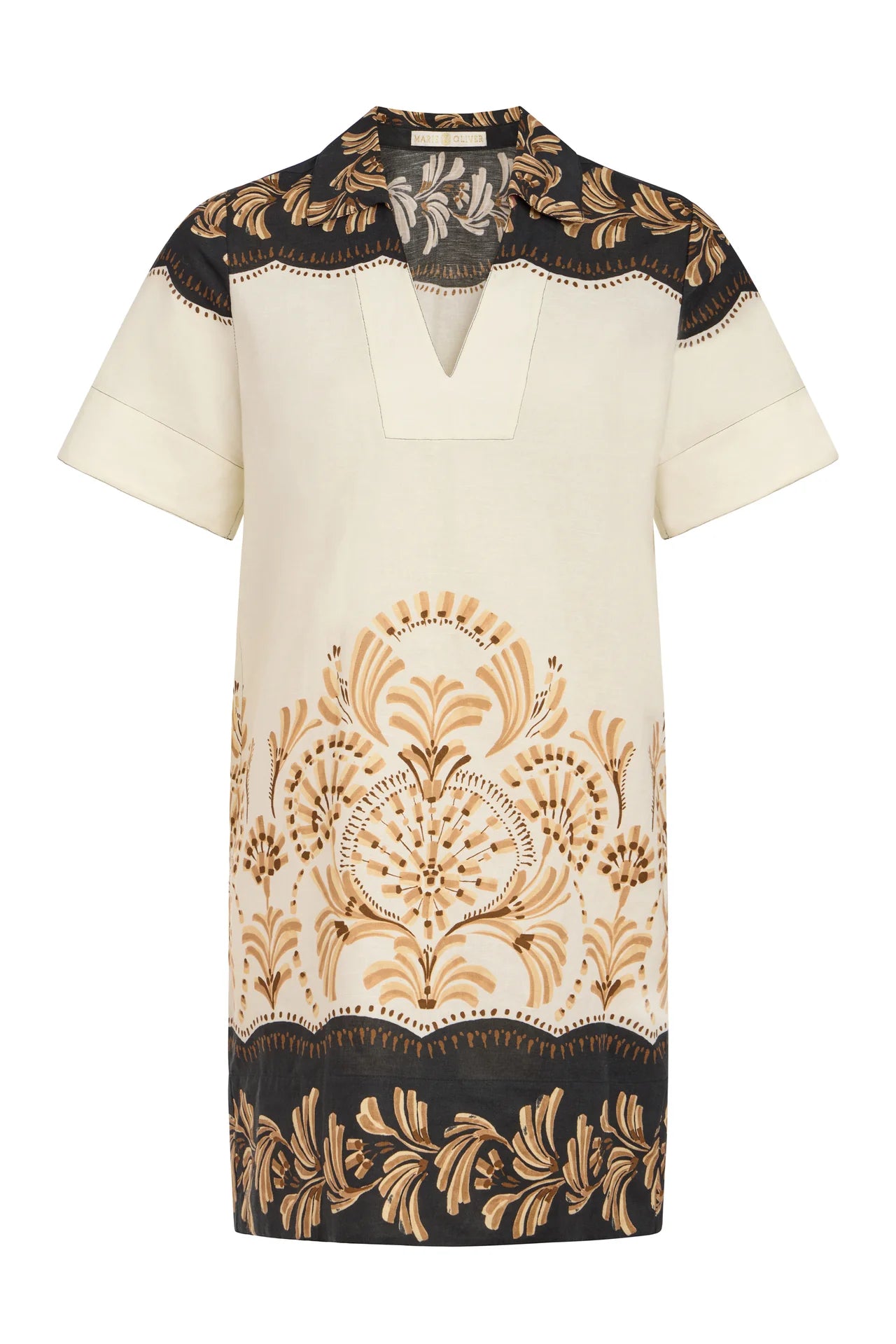 Short-sleeve blouse with intricate black, gold, and white patterns on a white background