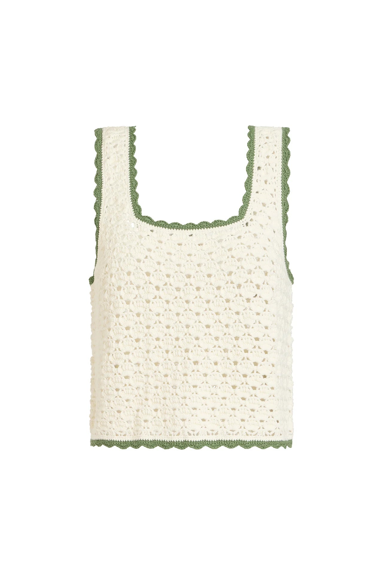 Crocheted tank top with green trim on a white background
