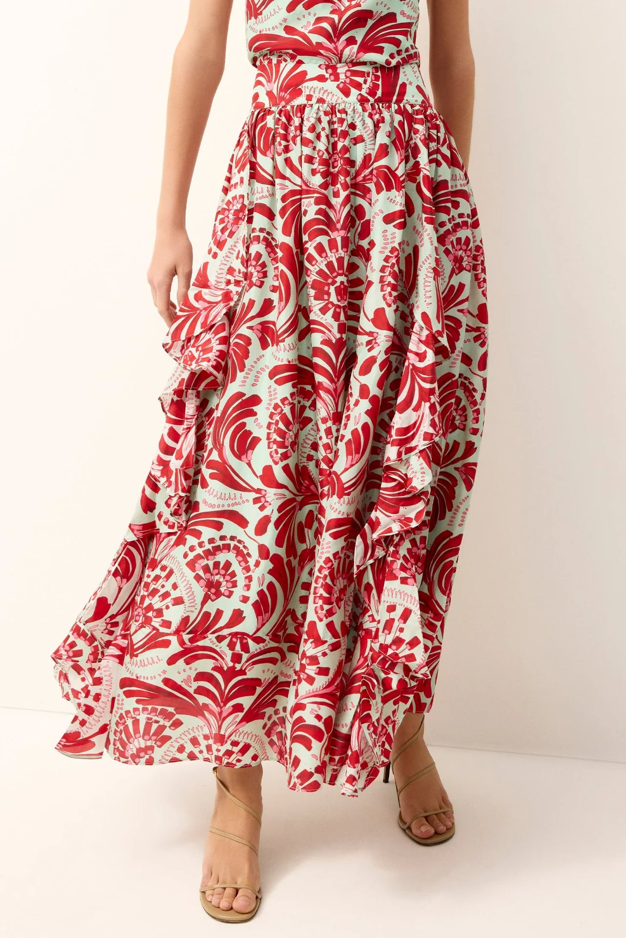 Red and white floral patterned dress on a plain background