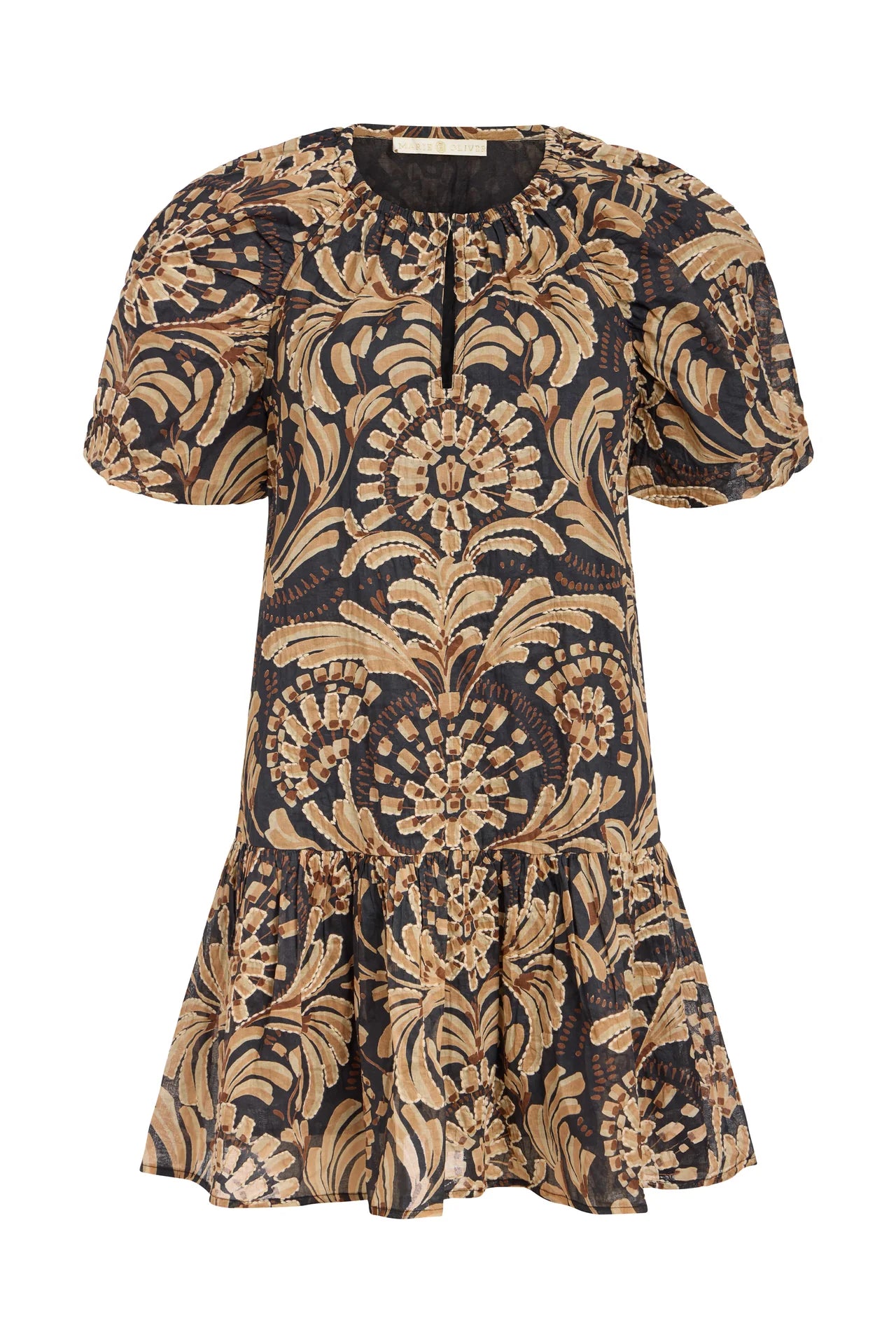 Patterned dress with gold and black design on a white background