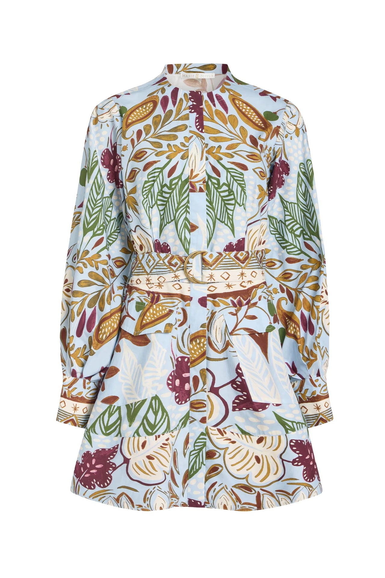 A long-sleeve tunic dress with a high mock neck, featuring an all-over botanical and abstract pattern in green, burgundy, gold, and cream on a light blue base, complete with a matching fabric belt.