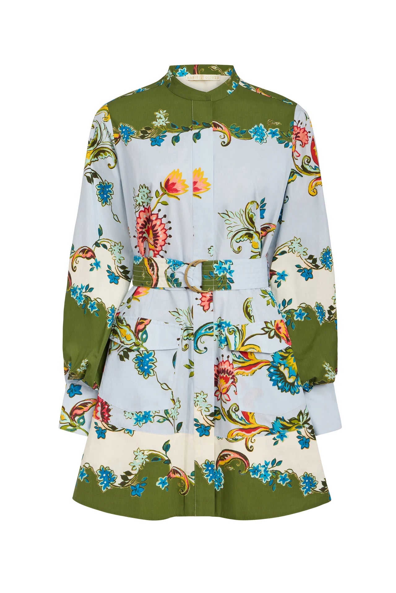 Floral patterned dress with green accents on a white background