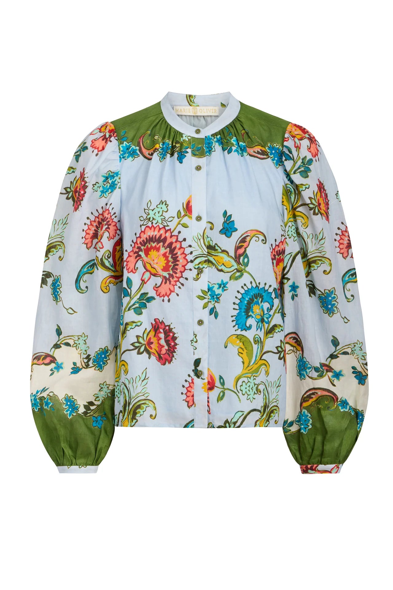 Colorful floral blouse with green accents on a white background