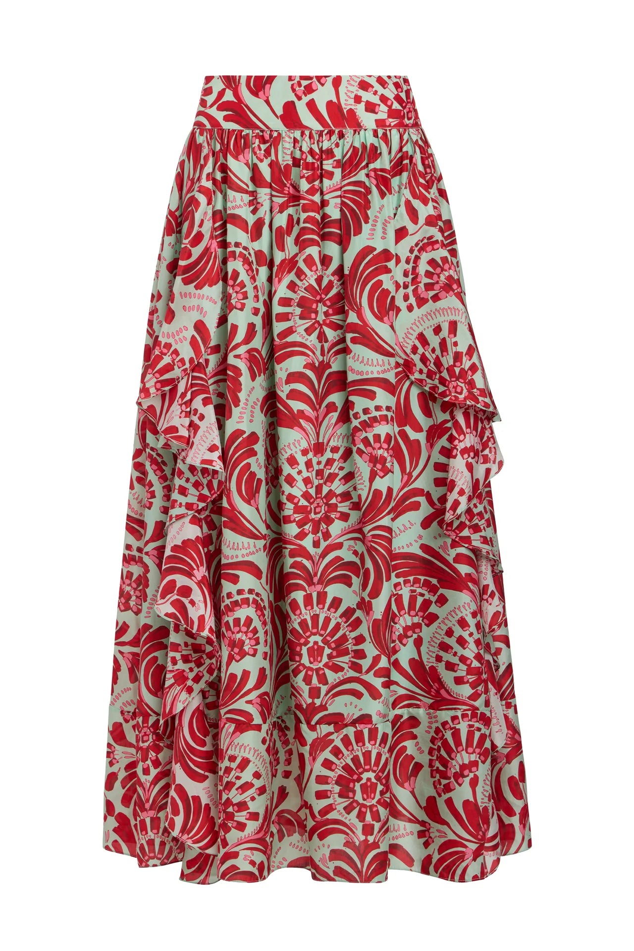 Red and white patterned skirt on a white background