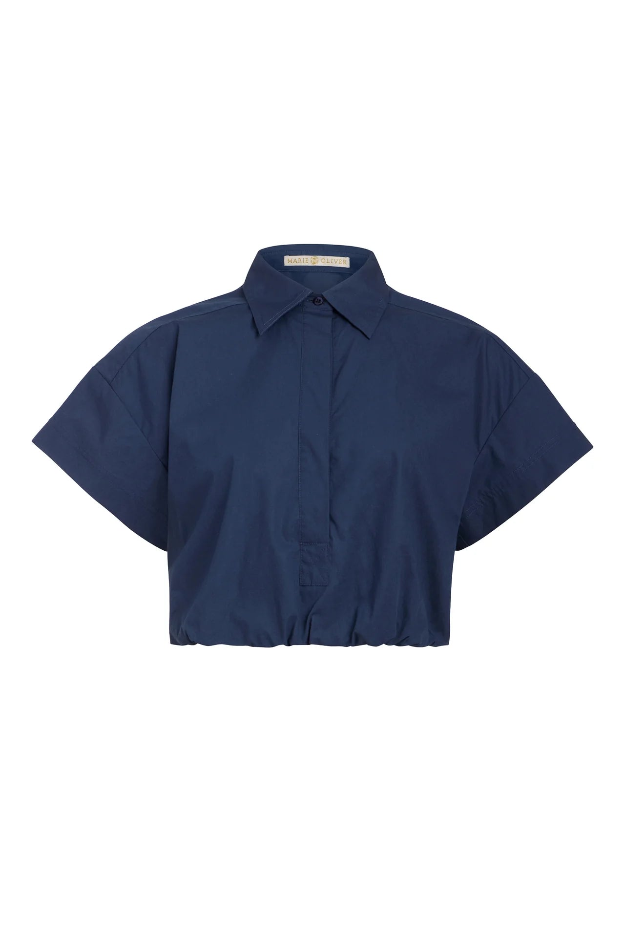 Navy blue short-sleeve shirt on a white background