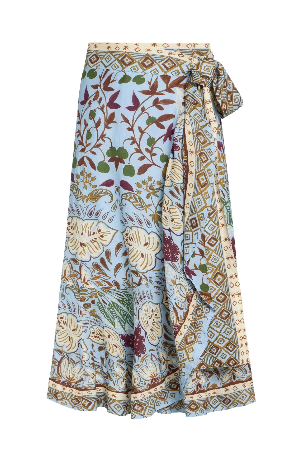 Floral and geometric patterned wrap skirt on a white background