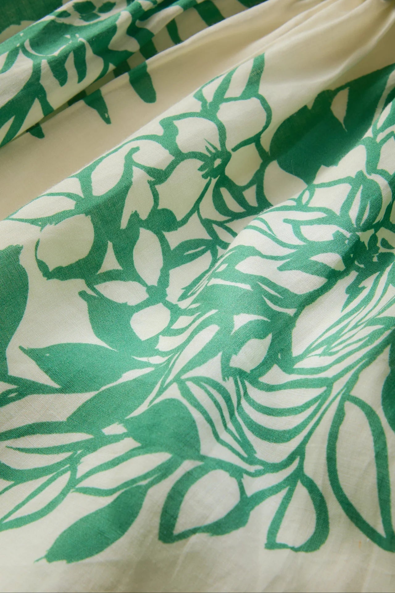 Close-up of green leaf pattern fabric on a white background