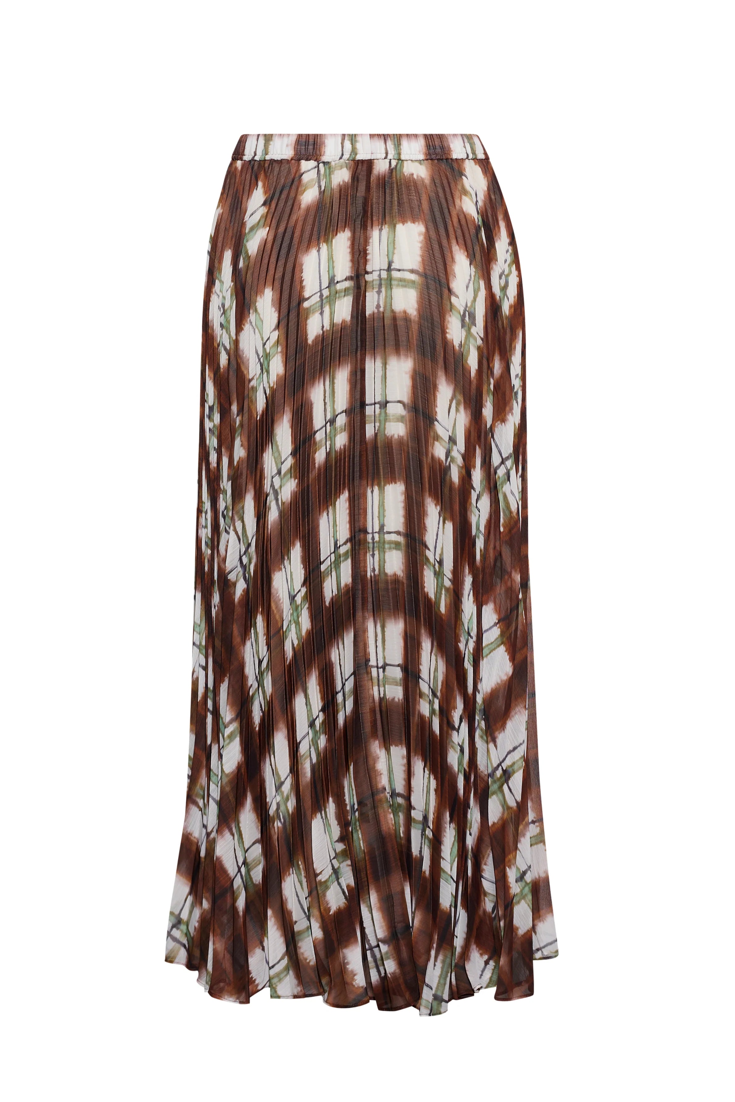 A pleated midi skirt featuring a brown, white, and green tie-dye pattern, displayed against a solid white background.