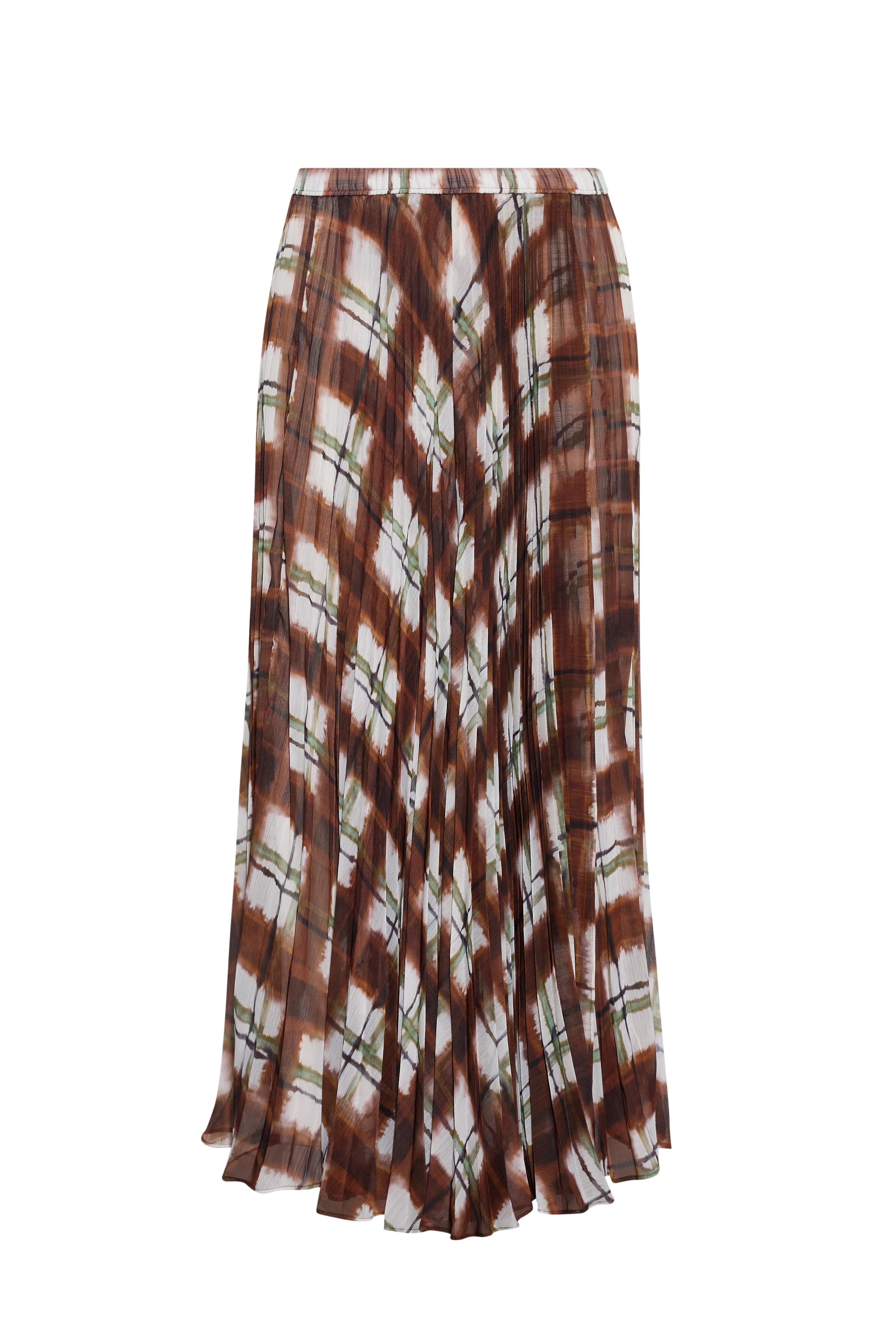 A pleated midi skirt featuring a brown, white, and green bamboo-inspired abstract print, shown against a plain white background.