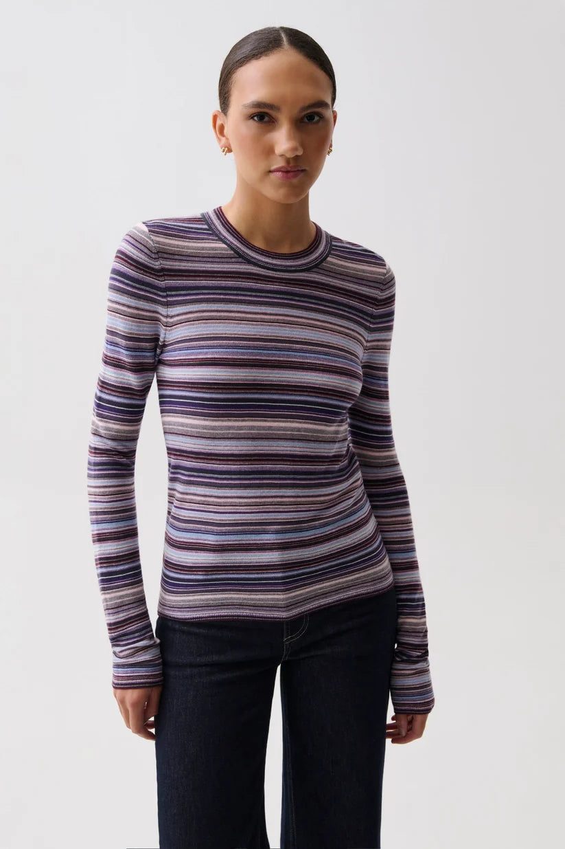 A woman modeling a long-sleeve crewneck knit top with horizontal stripes in purple, blue, pink, and beige, paired with dark jeans against a plain light gray studio background.