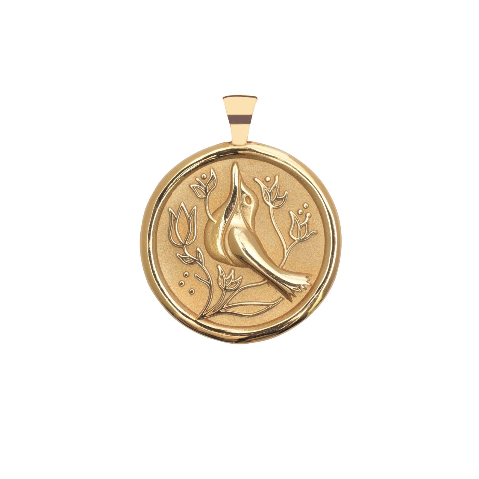 Gold pendant with a bird and floral design on a white background