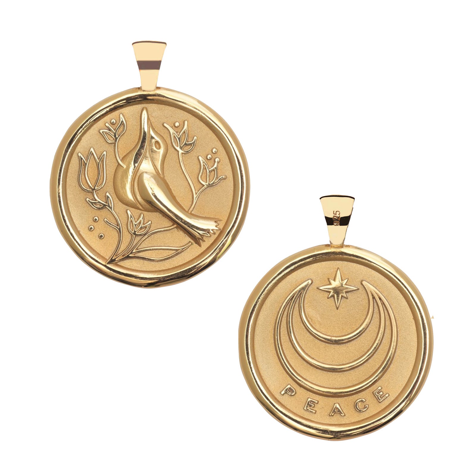 Two gold pendants on a white background