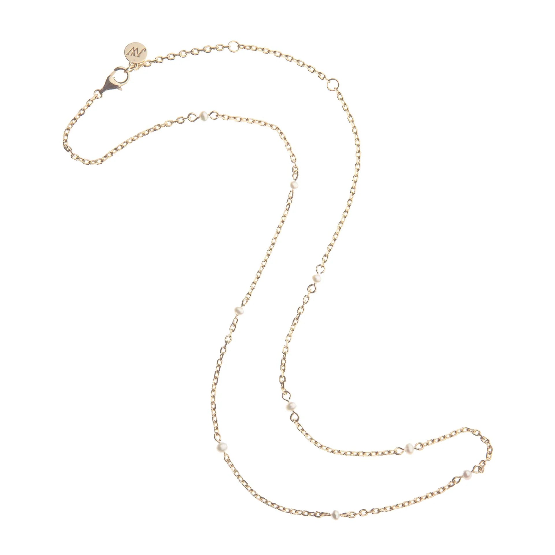 A delicate gold chain necklace with small, evenly spaced clear round beads, displayed on a clean white background. It features a lobster clasp and an adjustable extender chain with a circular brand tag engraved with 'AN'.