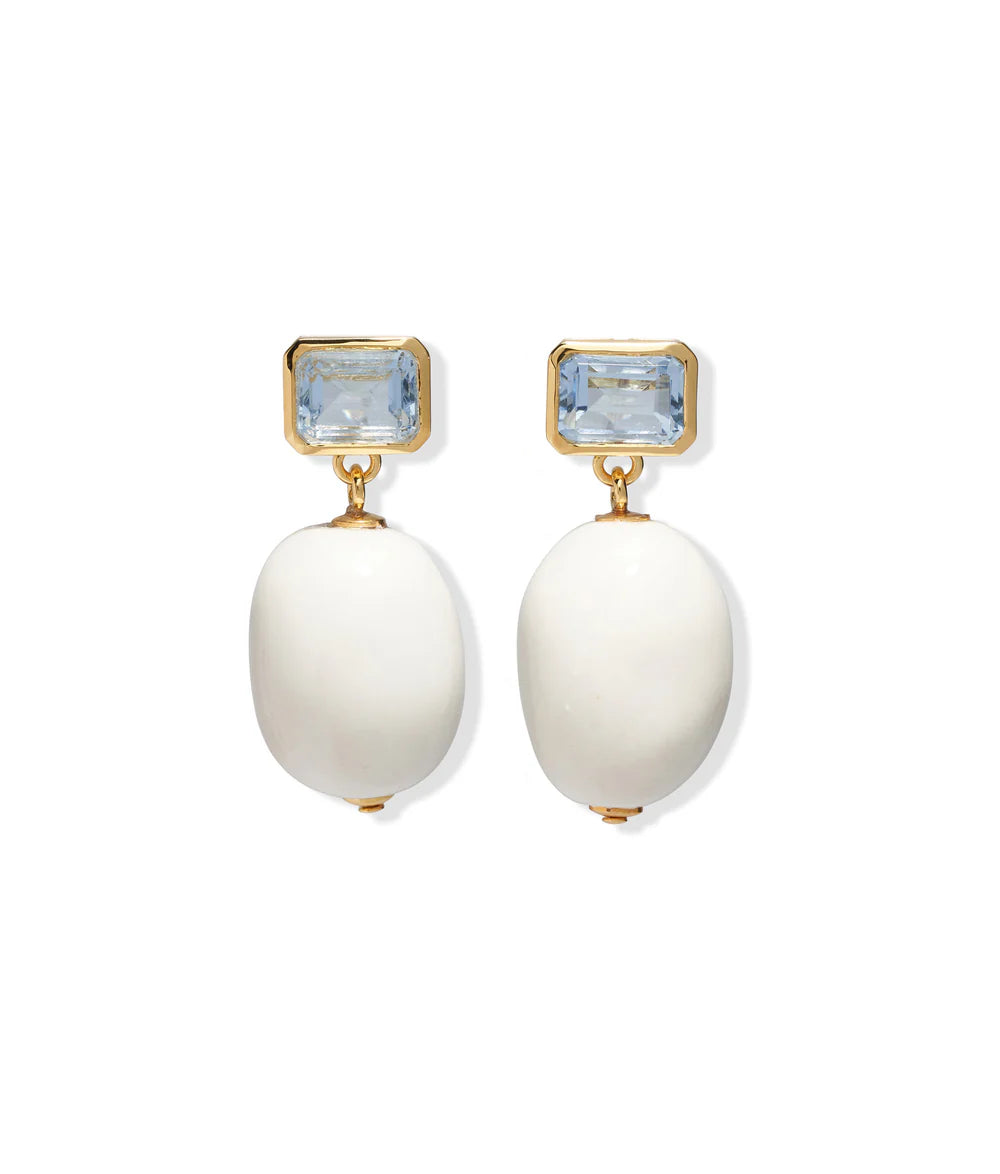 Pair of earrings with white spherical stones and gold and blue accents on a white background