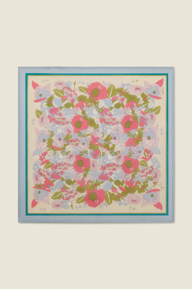 Floral patterned product with a blue border on a light background