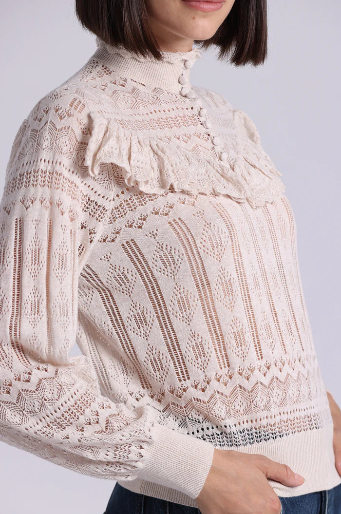 Close-up of a person wearing a detailed beige lace blouse against a plain background