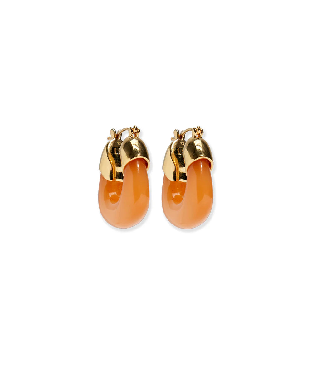 Pair of orange earrings with gold tops on a white background
