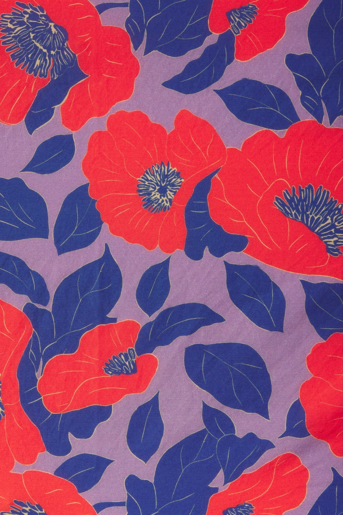 Pattern of red and blue flowers on a purple background
