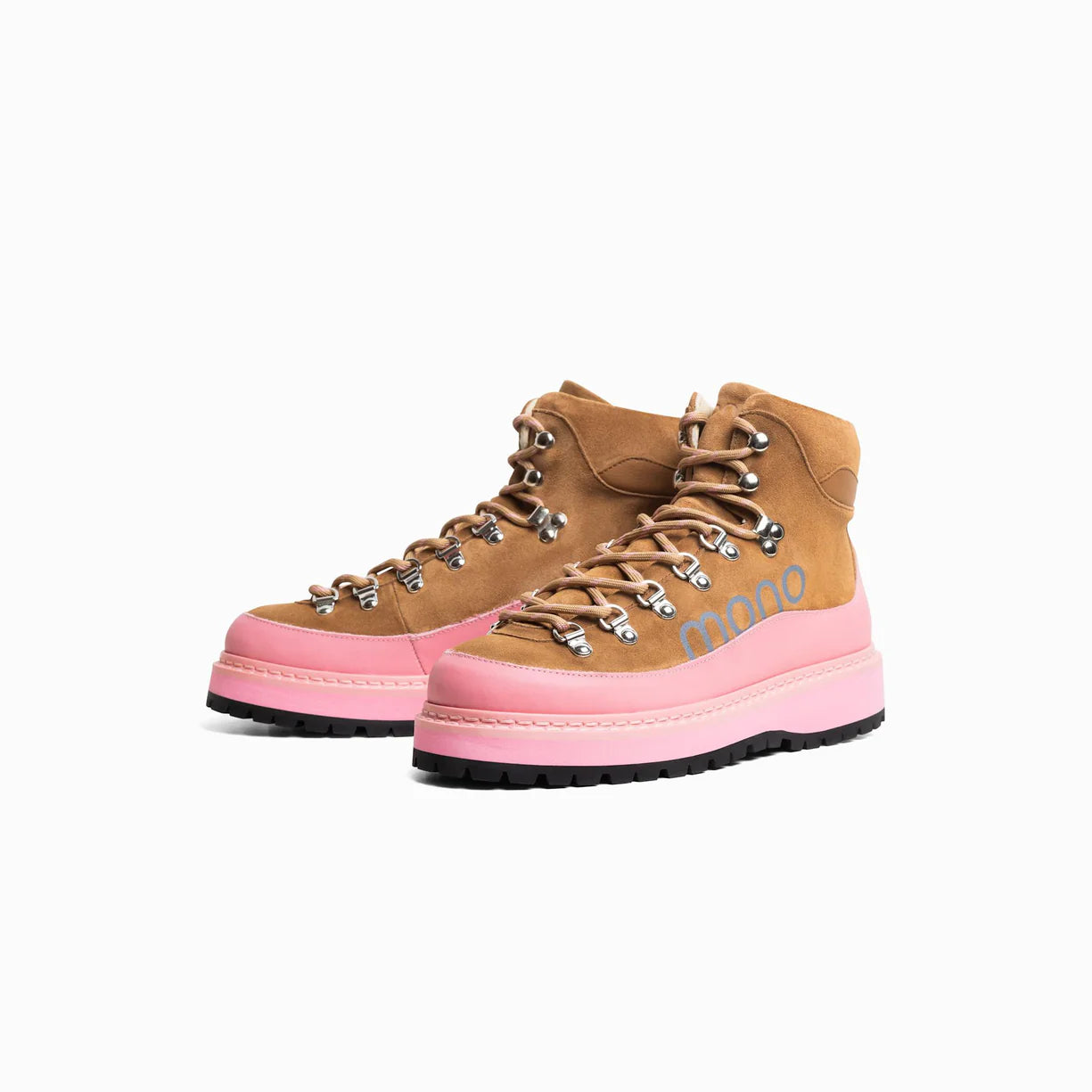 Tan and pink high-top sneakers with 'mimco' branding on a white background
