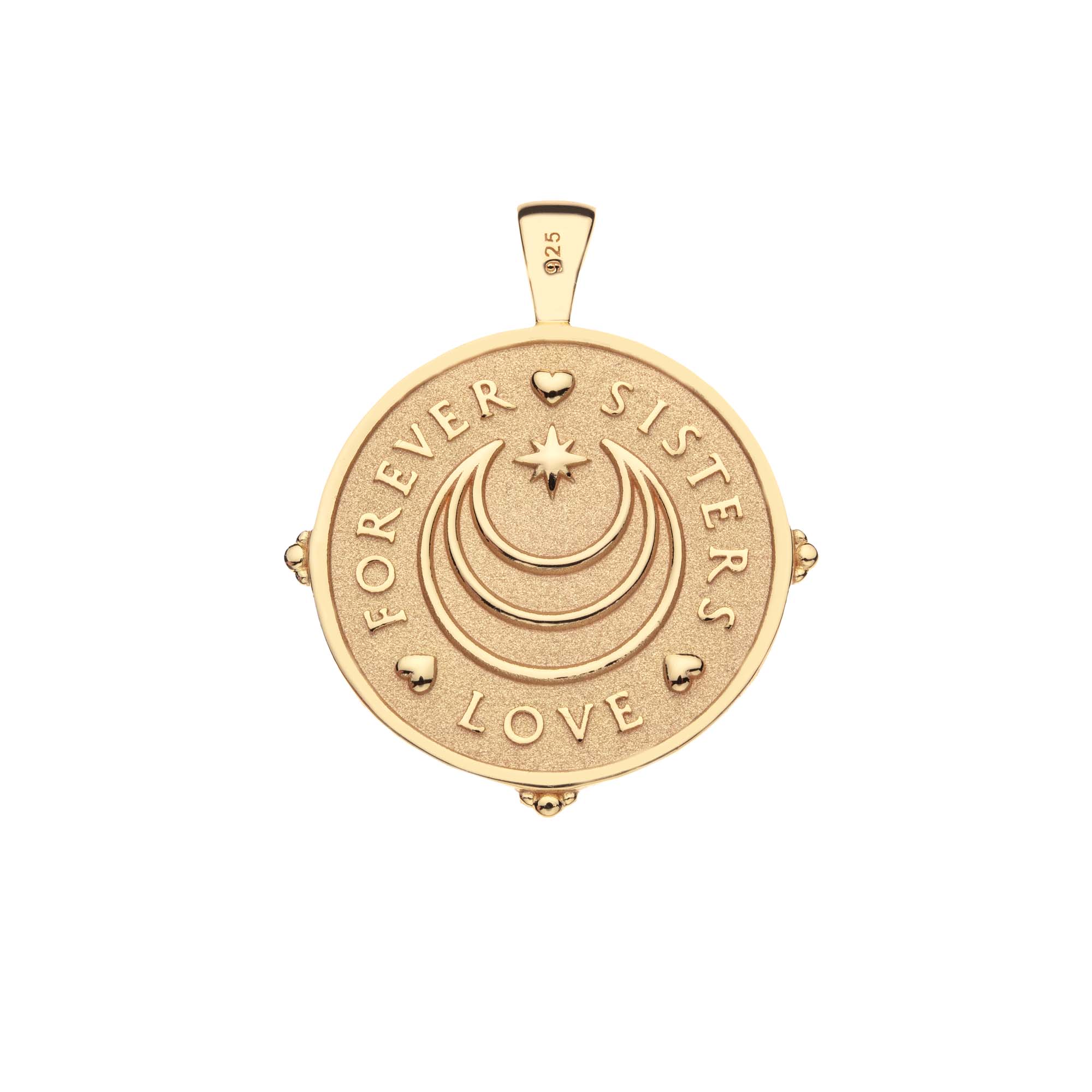 Gold pendant with 'Forever Sisters Love' text on a white background