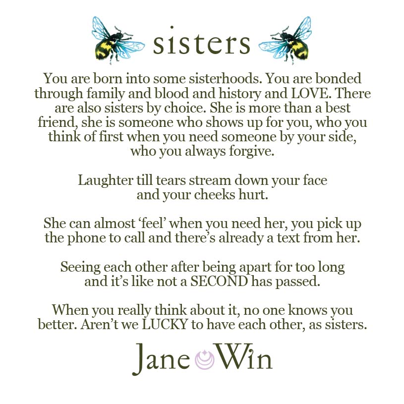 Text about sisters with bee illustrations and Jane Win signature.