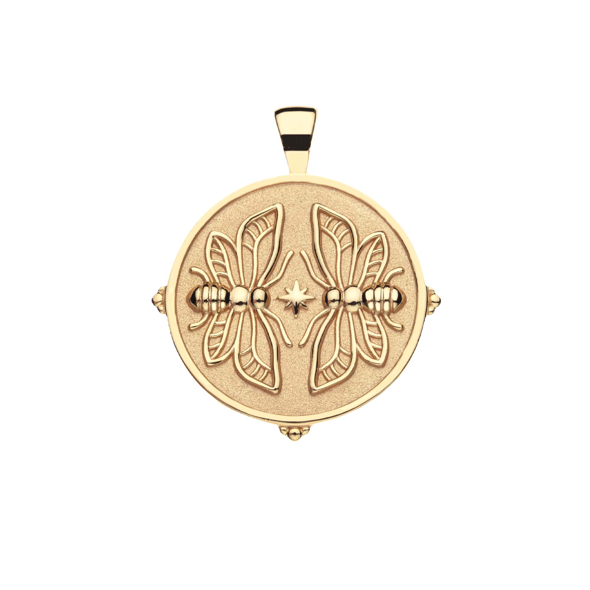Gold pendant with butterfly design on a white background