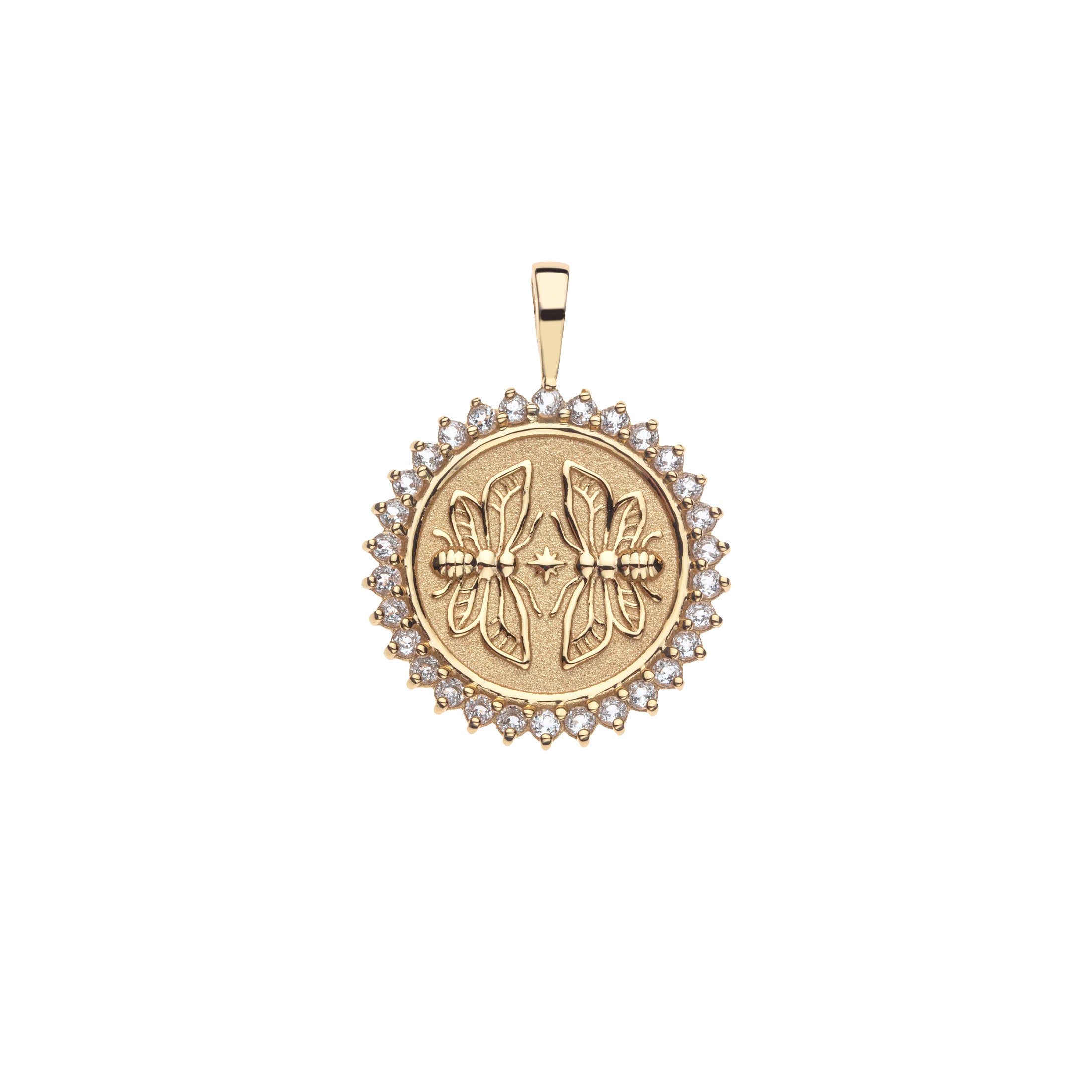 Gold pendant with butterfly design on a white background