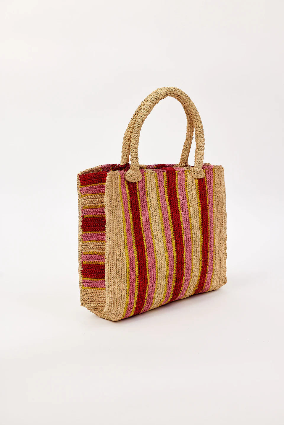 Woven handbag with red and gold stripes on a white background
