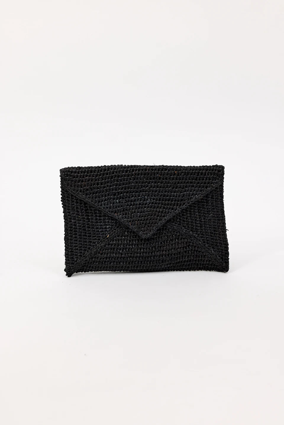 Black woven clutch on a white background