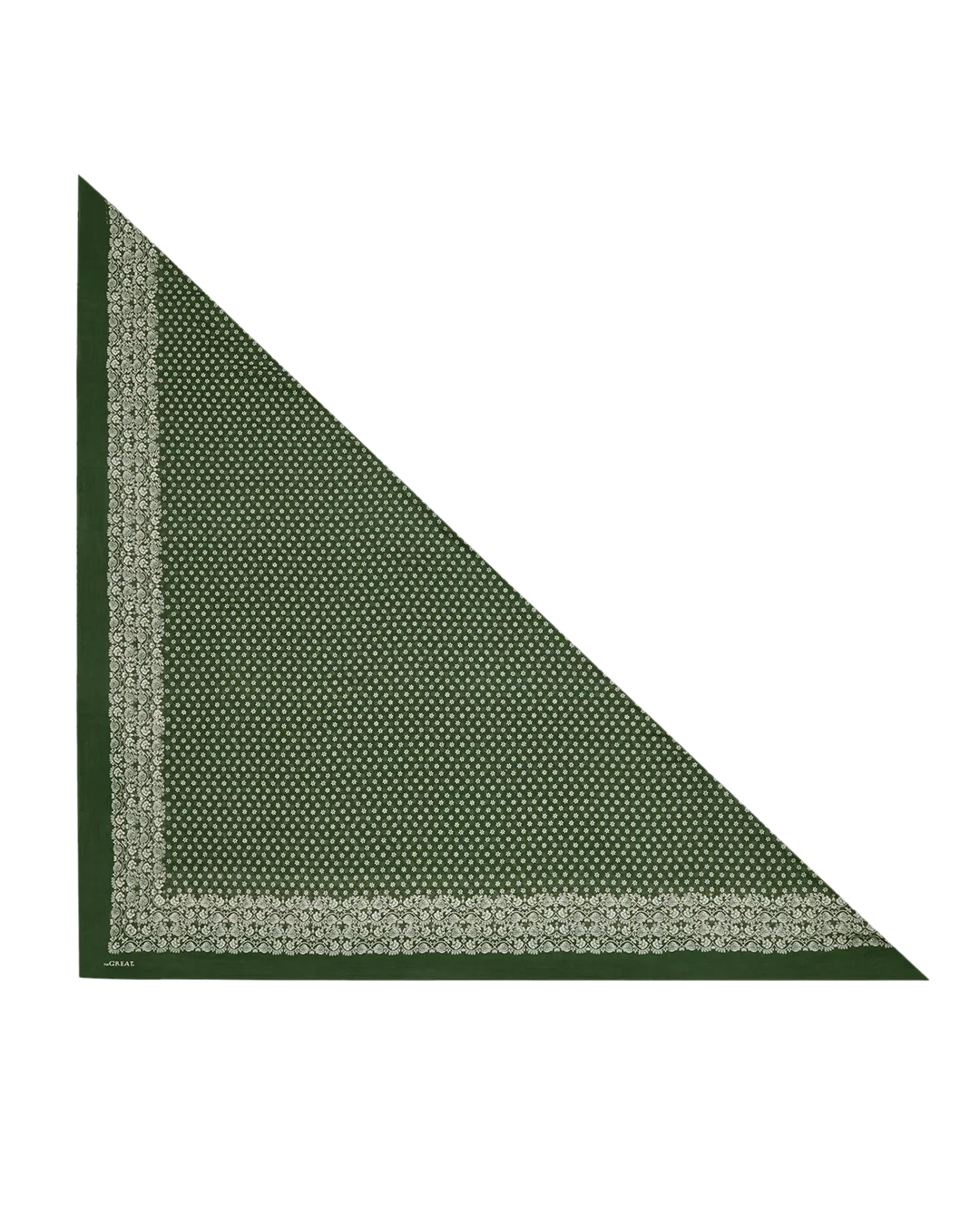 A dark green square scarf with a repeating small white geometric pattern and a decorative border, folded into a triangle shape on a plain white background.