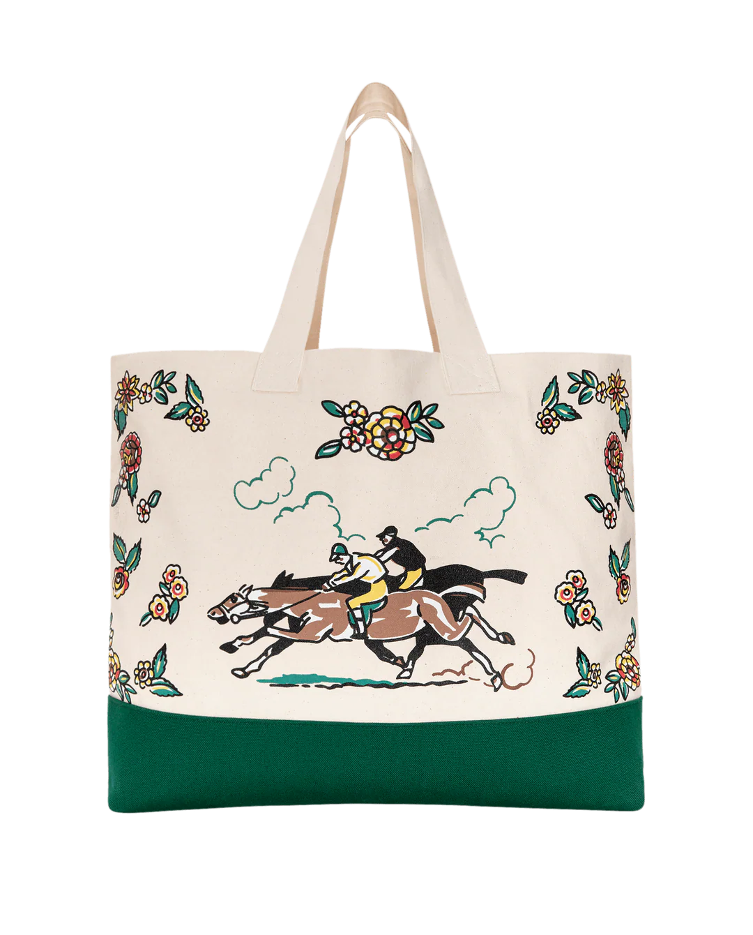 Tote bag with horse racing design and floral elements on a white background