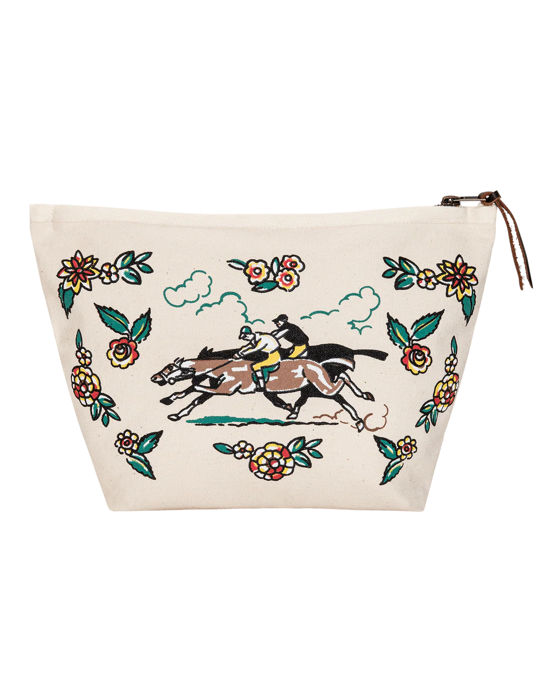 Beige pouch with horse and floral design on a white background
