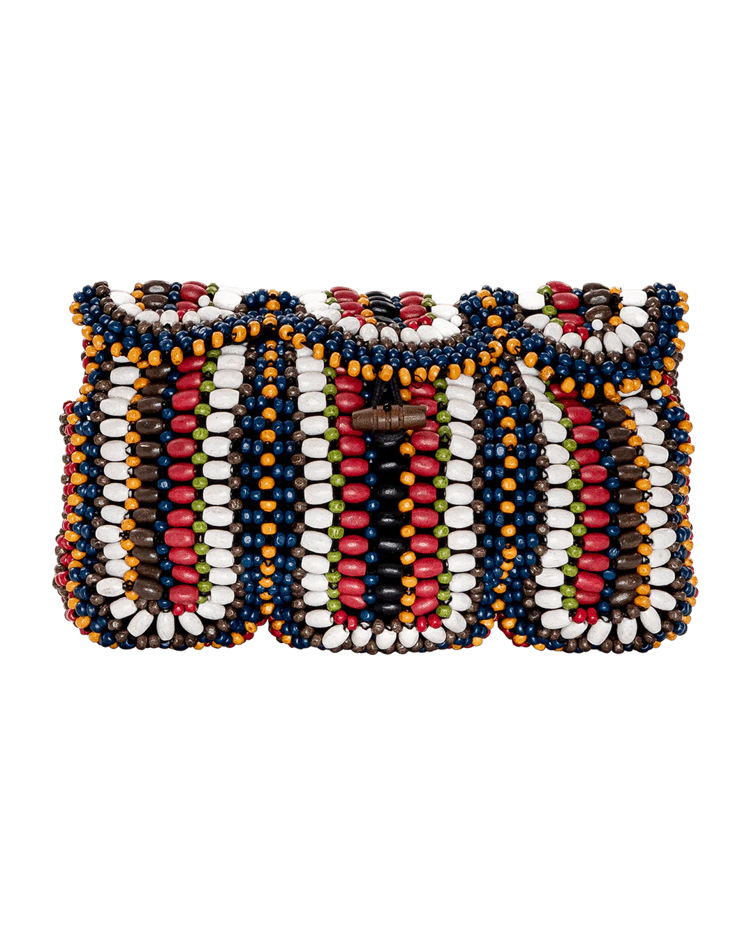 Multicolored beaded clutch bag on a white background
