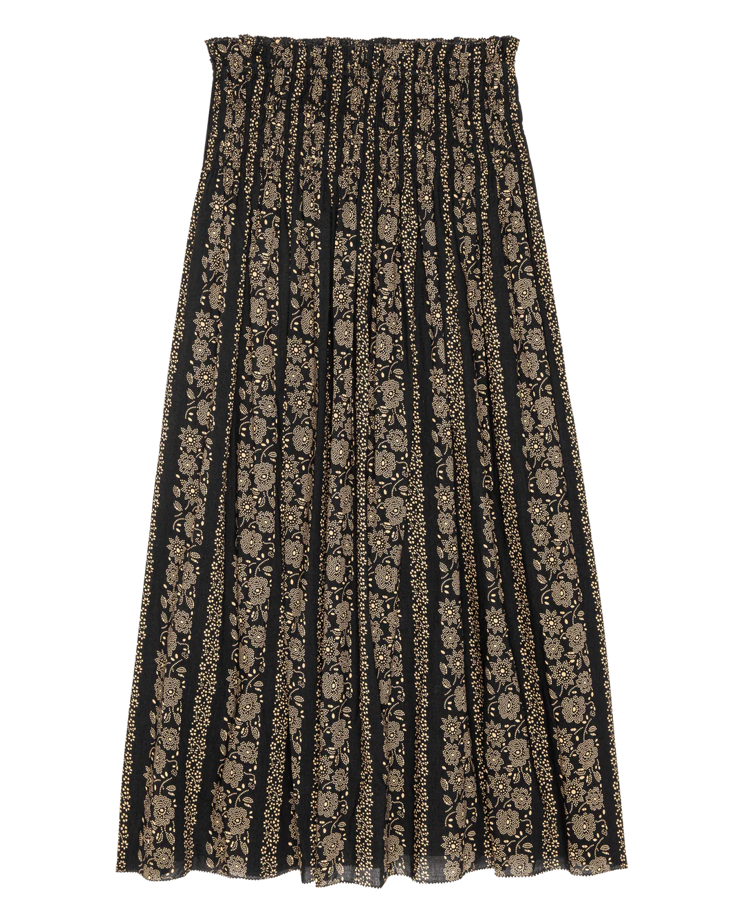 Long black and beige patterned skirt on a white background