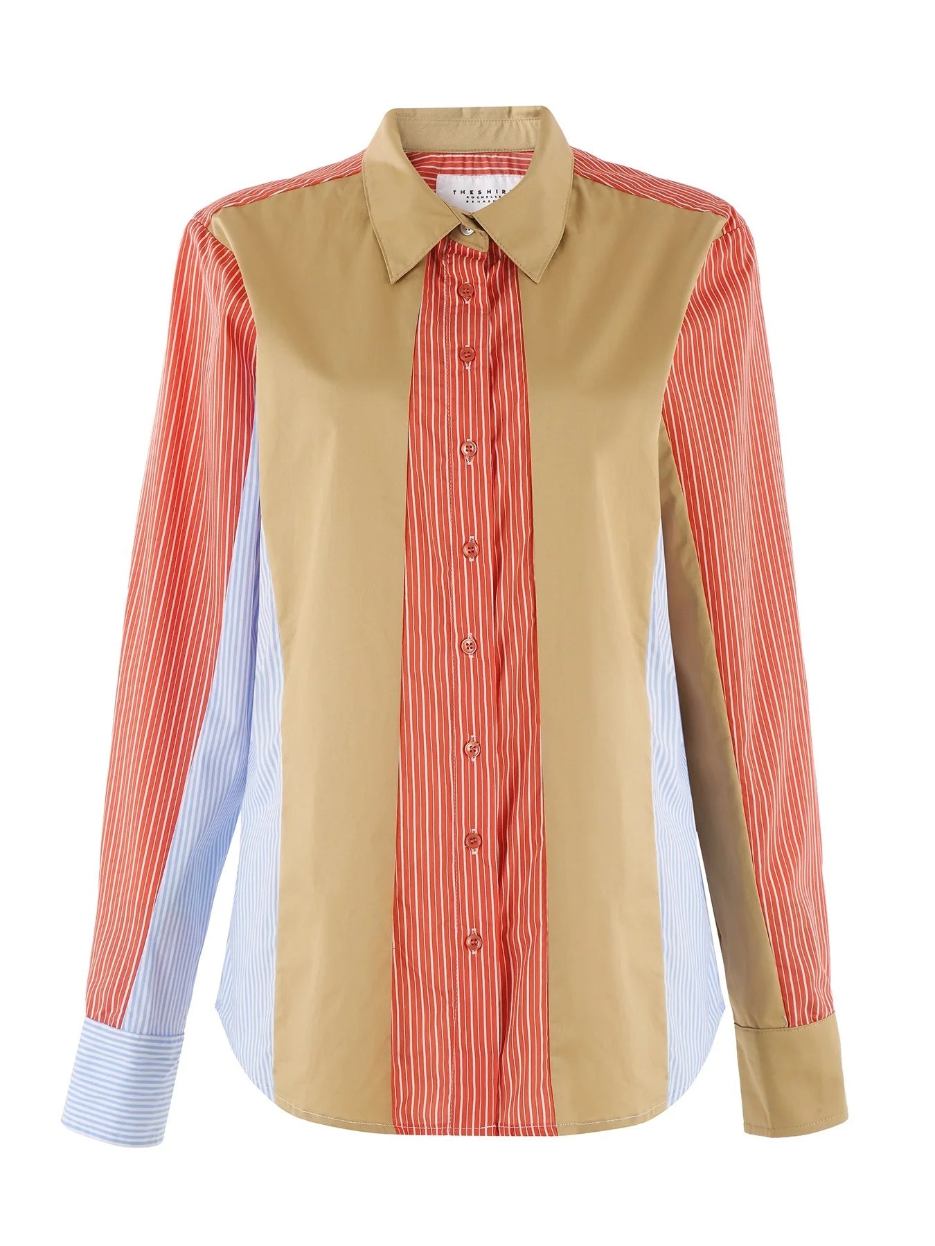 Color-blocked shirt with brown, red, and blue stripes on a white background