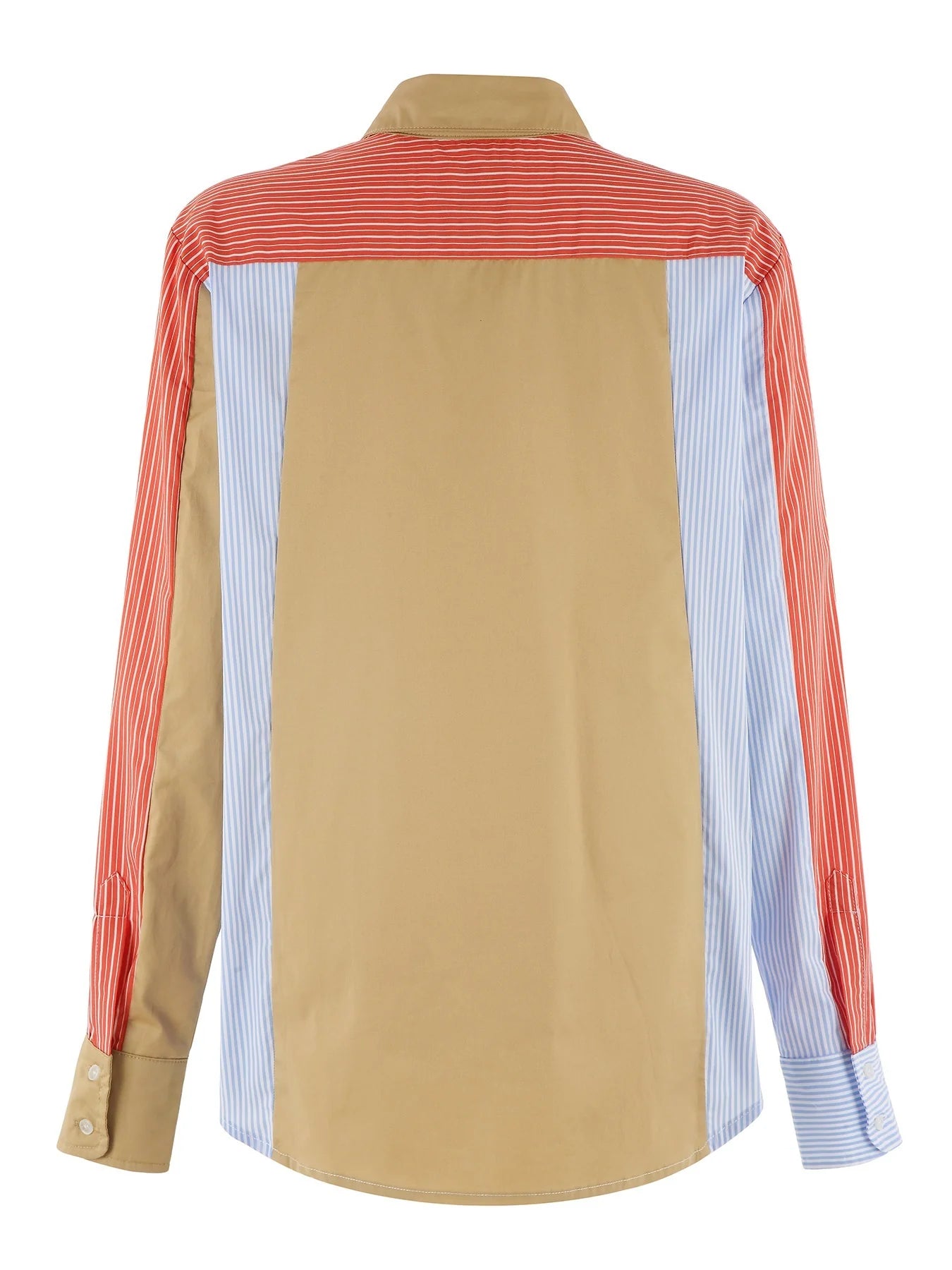 Beige shirt with red and blue striped sleeves on a white background