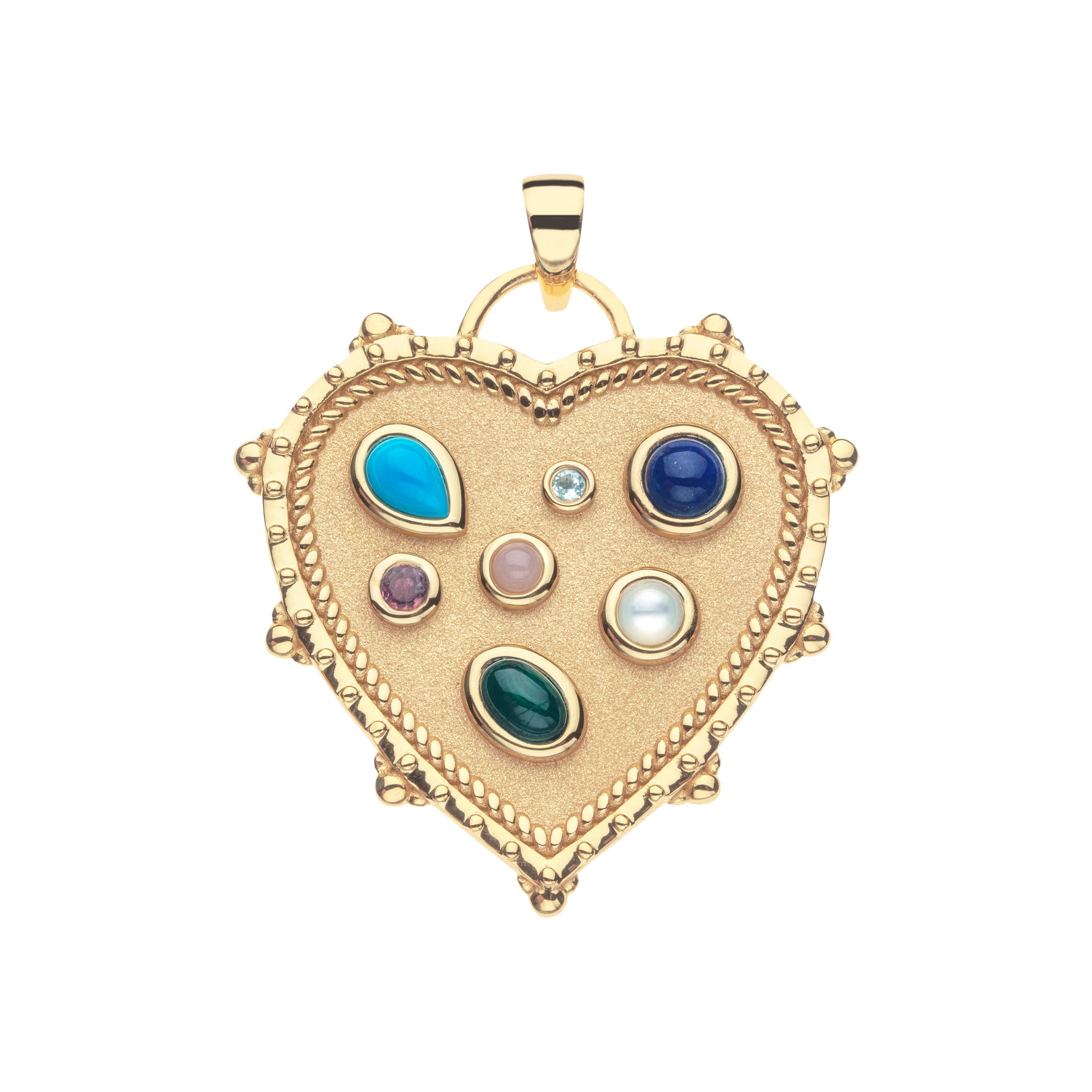 Gold heart-shaped pendant with multicolored gemstones on a white background
