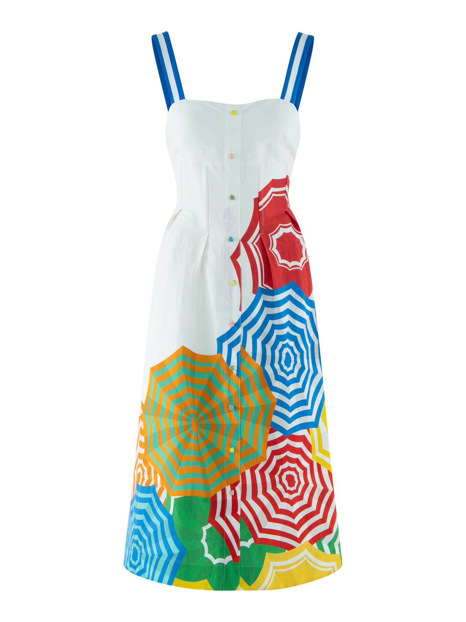 Colorful apron with umbrella pattern hanging on a white background