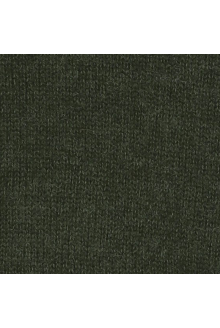 A close-up texture swatch of dark olive green knit fabric, centered on a white background.
