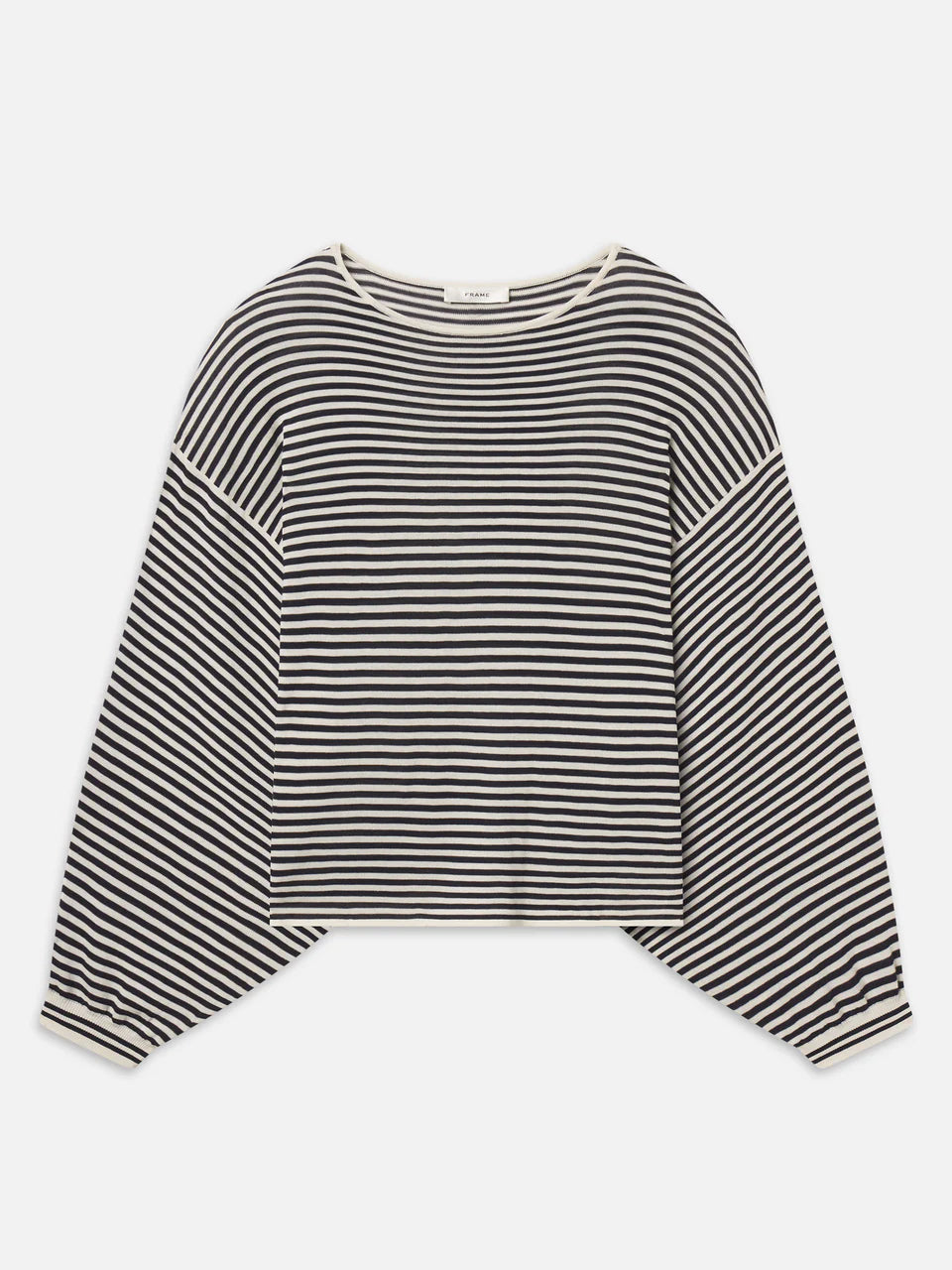 Black and white striped long-sleeve shirt on a light gray background