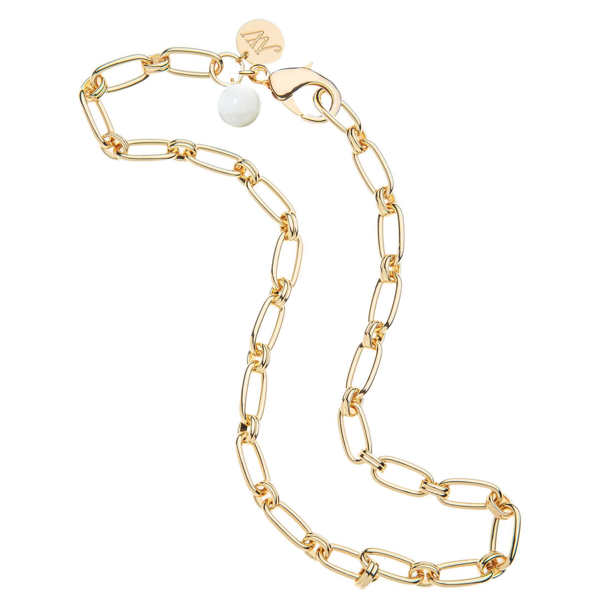 Gold chain bracelet with a white pearl on a white background
