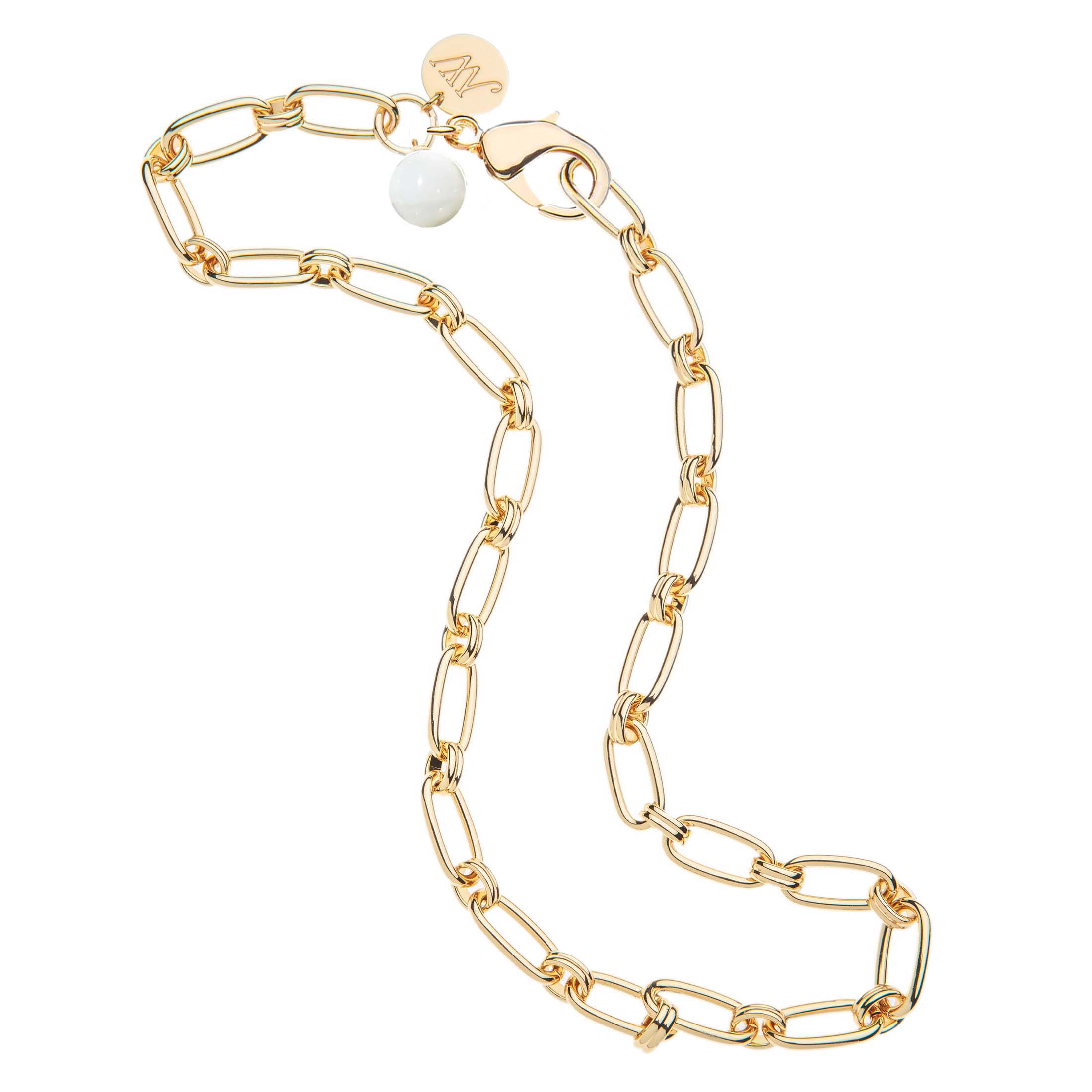Gold chain bracelet with a white pearl on a white background