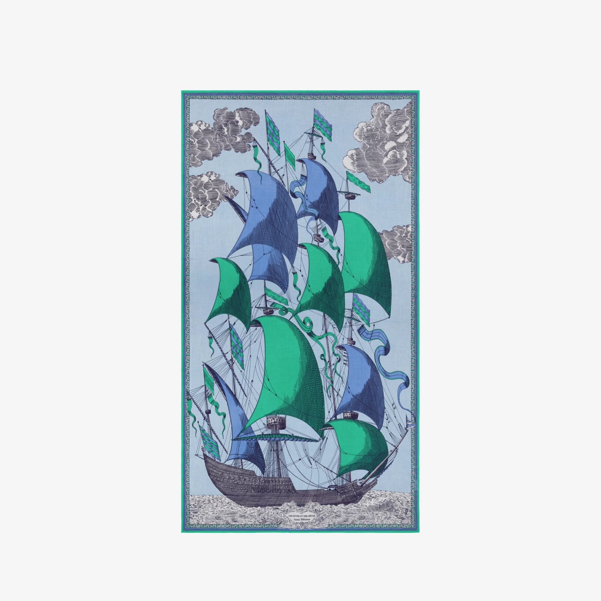 Decorative towel with a ship design on a light blue background
