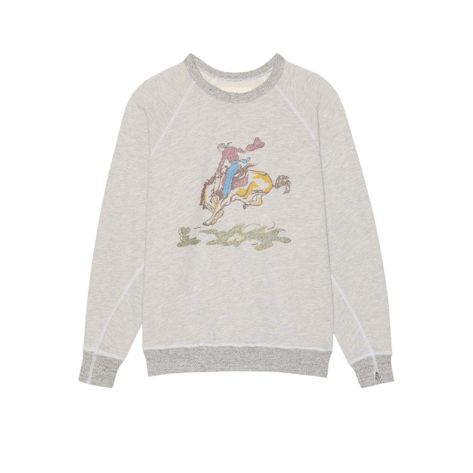 Gray sweatshirt with a colorful graphic of a person riding a horse on a white background