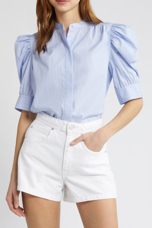 Ruched Puff Sleeve Shirt Chambray Blue