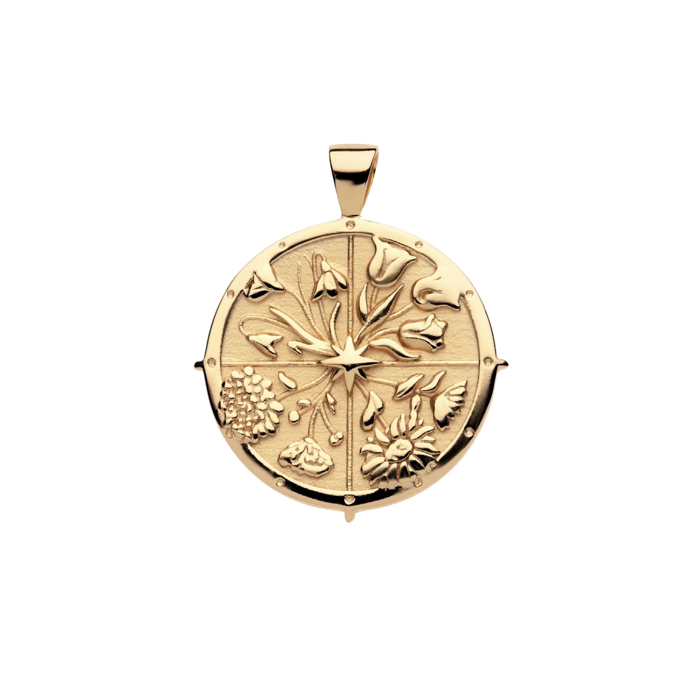 Gold pendant with floral design on a white background